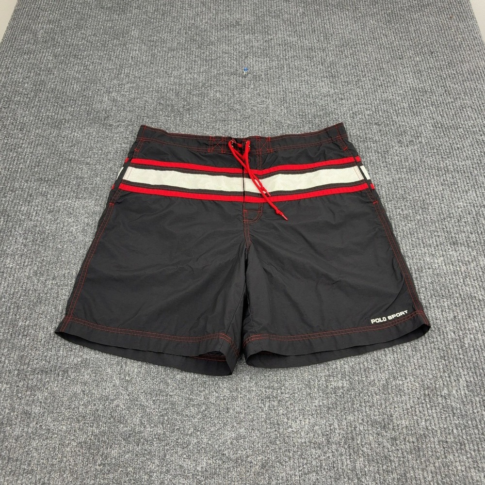 Vintage Polo Sport Ralph Lauren Swim Trunks Mens L Black Nylon Mesh Stripe 90s